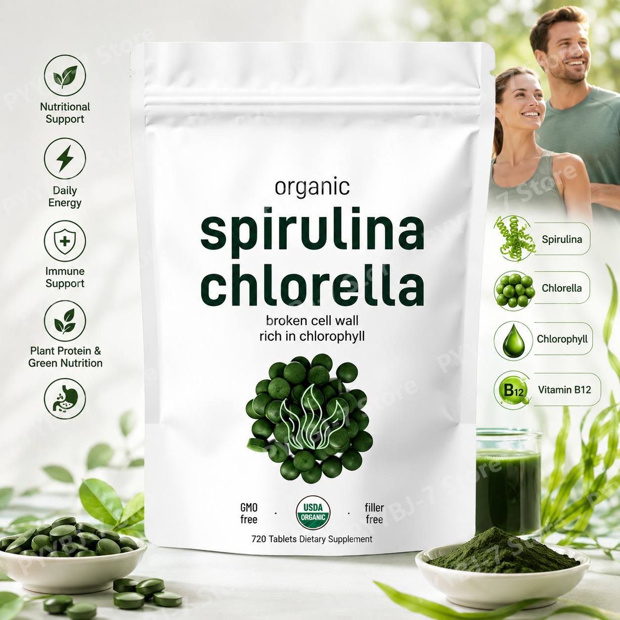 Spirulina Tablet Organic - أقراص سبيرولينا وكلوريلا عضوية، طعام فائق