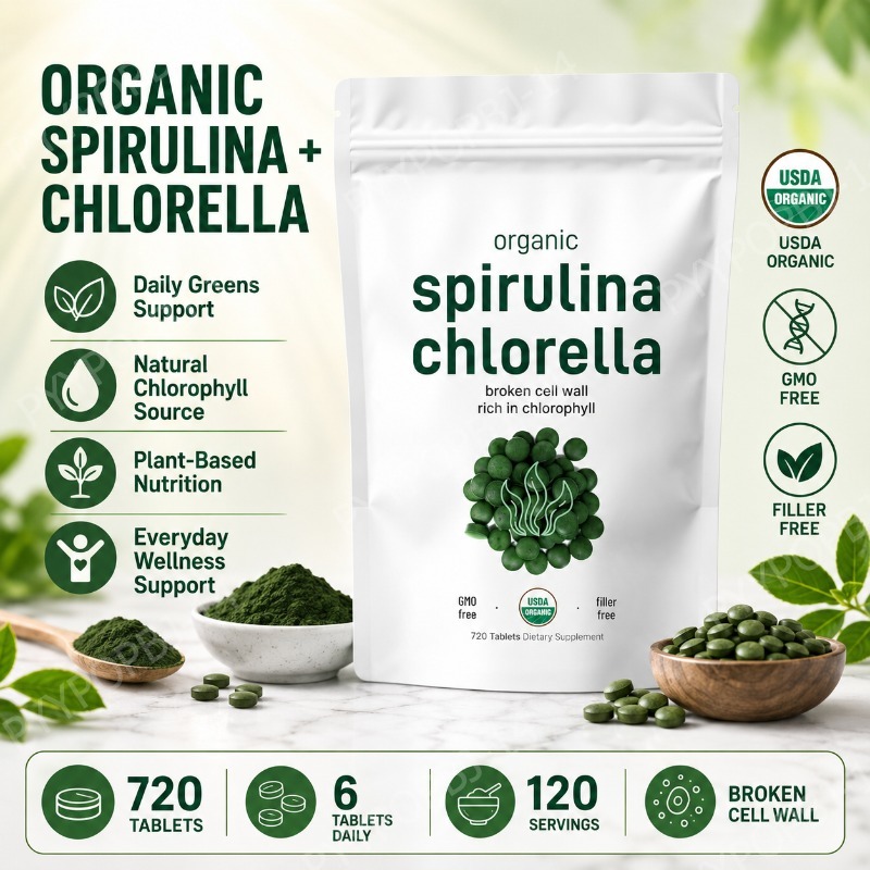 Spirulina Tablet Organic - أقراص سبيرولينا وكلوريلا عضوية، مكملات خضراء